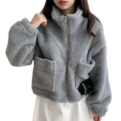 Manteau chaud épais et assorti à col roulé rétro avec fermeture éclair et grandes poches