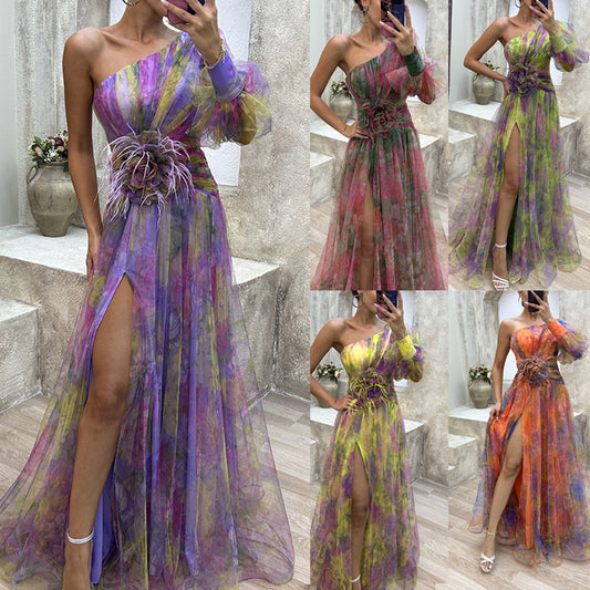 Nouvelle robe de soirée en maille à épaules inclinées, jupe longue décontractée et tendance