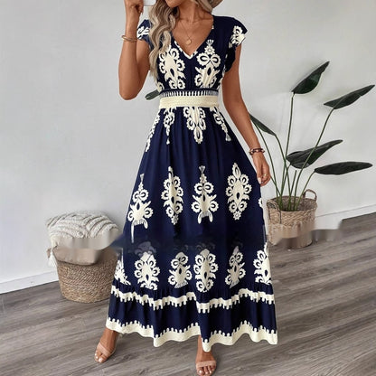 Robe trapèze ample à col en V et imprimé