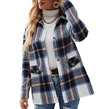 Veste ample à carreaux pour femme à manches longues et épaules tombantes, à revers, décontracté