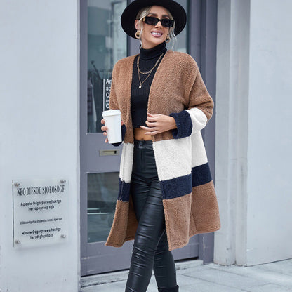 Veste polaire mi-long à blocs de couleur et fourrure double face