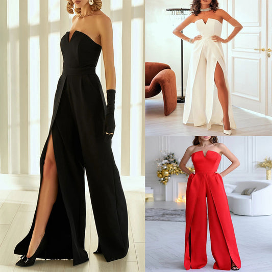 Combinaison sans manches à col en V jambes larges