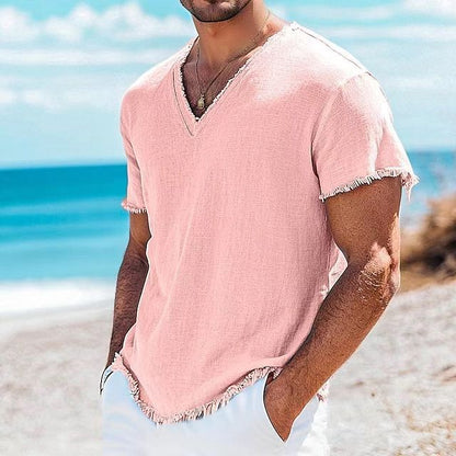 T-shirt à manches courtes en coton et lin couleur unie