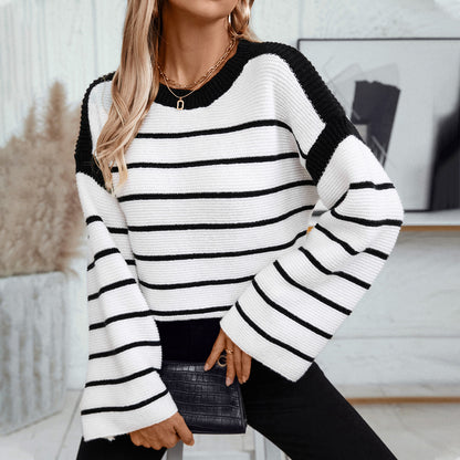 Pull-over rayé pour femme, manches longues, en maille