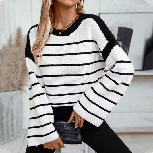 Pull-over rayé pour femme, manches longues, en maille