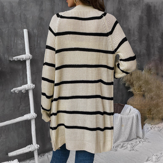 Pull cardigan mi-long en maille rayée