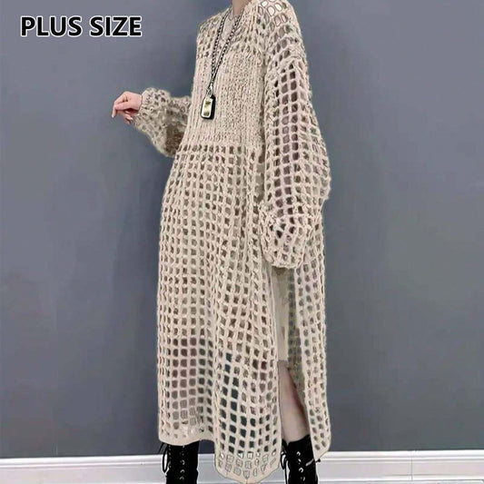 Robe ample en maille creuse à col rond et pull à fente haute