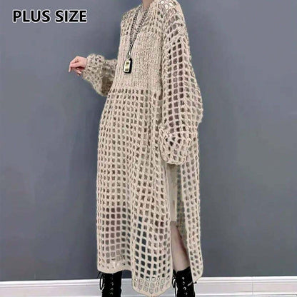 Robe ample en maille creuse à col rond et pull à fente haute