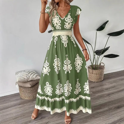 Robe trapèze ample à col en V et imprimé