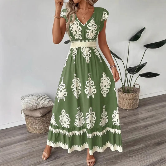 Robe trapèze ample à col en V et imprimé