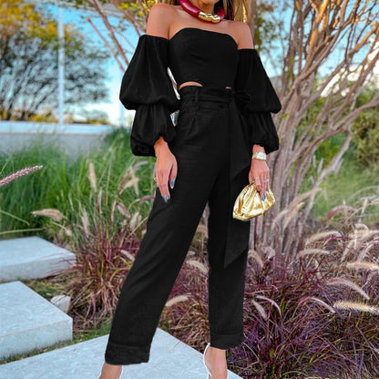 Ensemble pantalon en coton et lin, épaules dénudées