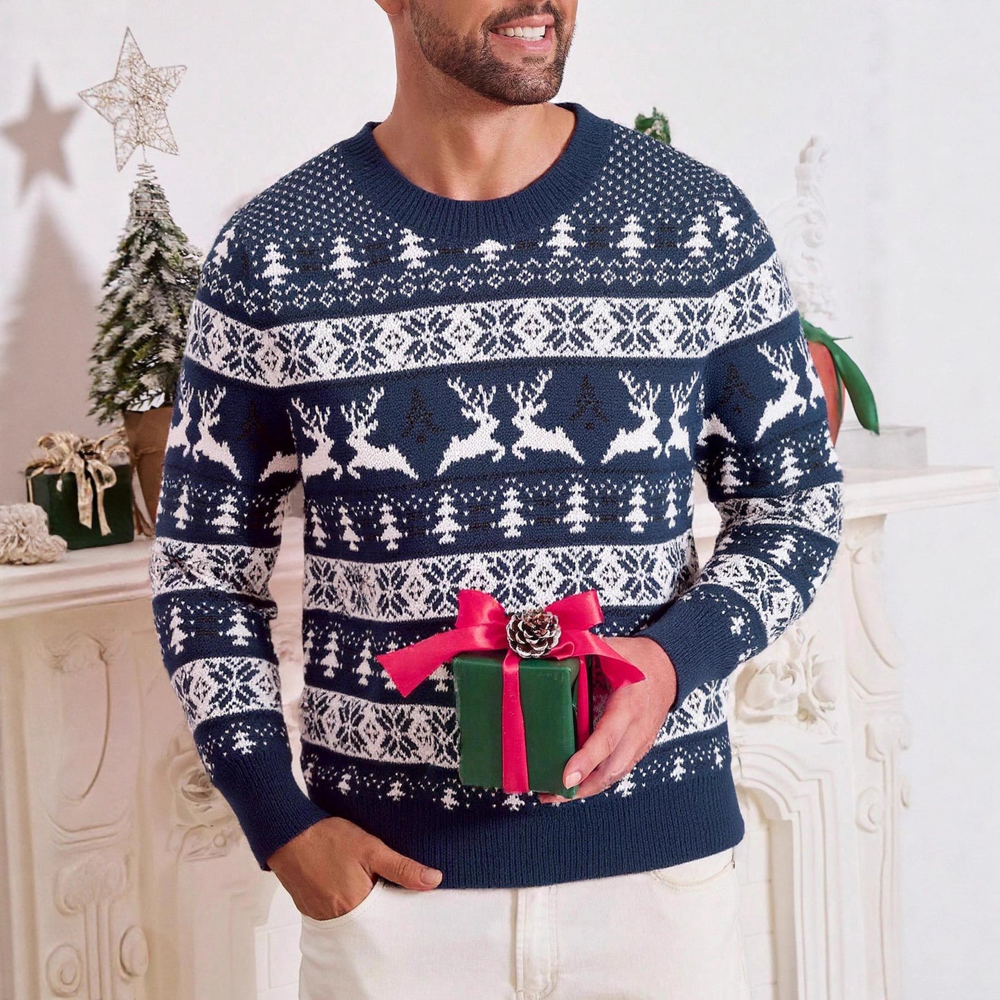 Pull de Noël pour homme, col rond, coupe ample, en maille