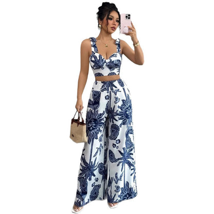 Ensemble à bretelles et col en V, pantalon ample