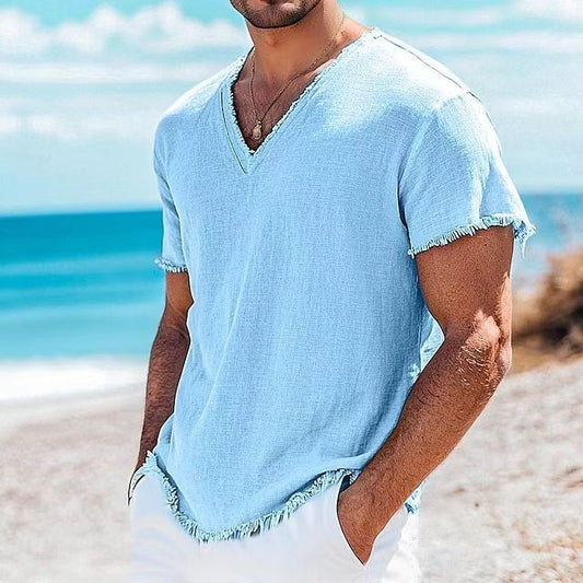 T-shirt à manches courtes en coton et lin couleur unie