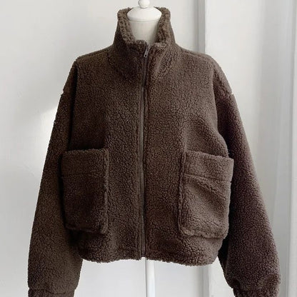 Manteau chaud épais et assorti à col roulé rétro avec fermeture éclair et grandes poches