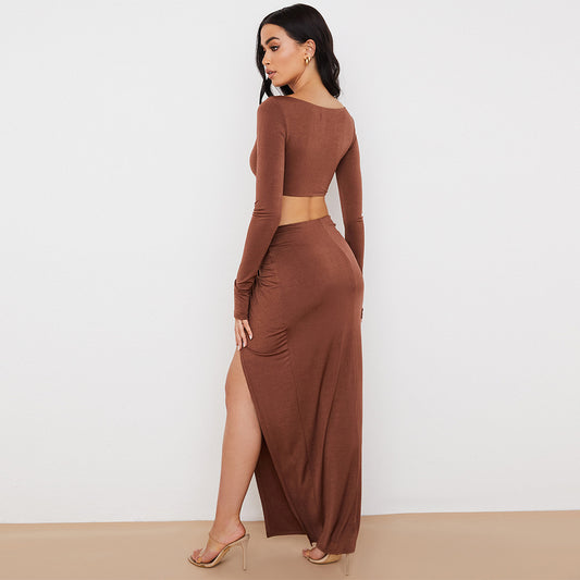 Ensemble court à manches longues et cordon de serrage, jupe fendue asymétrique