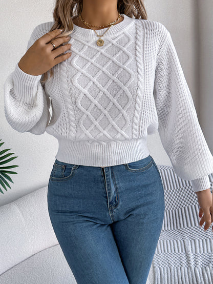 Pull à manches lanternes en maille torsadée unie, taille cintrée