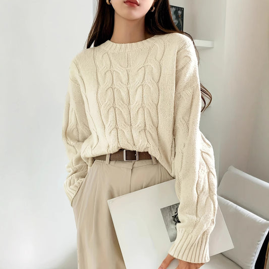 Pull tendance à col rond et couleur unie assorti
