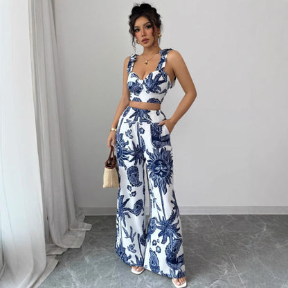 Ensemble à bretelles et col en V, pantalon ample