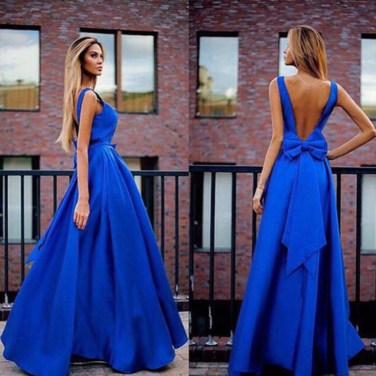 Robe de soirée à col en V profond, sans manches, dos nu, nœud