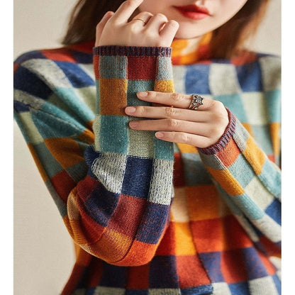 Pull à col roulé à carreaux colorés pour femme, coupe décontractée et flatteuse