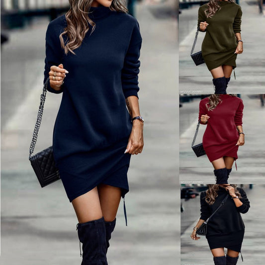 Robe à manches longues, couleur unie, col haut, robe courte croisée