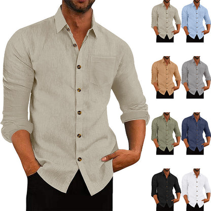 Chemise à manches longues et col polo en lin, ample et décontracté