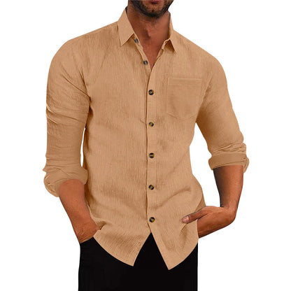 Chemise à manches longues et col polo en lin, ample et décontracté