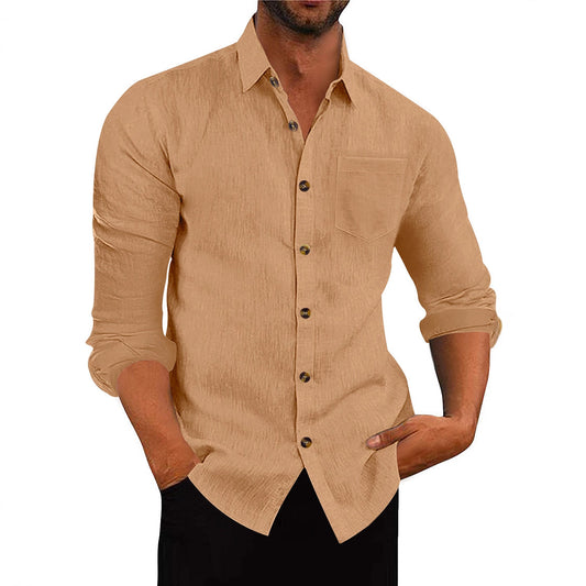 Chemise à manches longues et col polo en lin, ample et décontracté