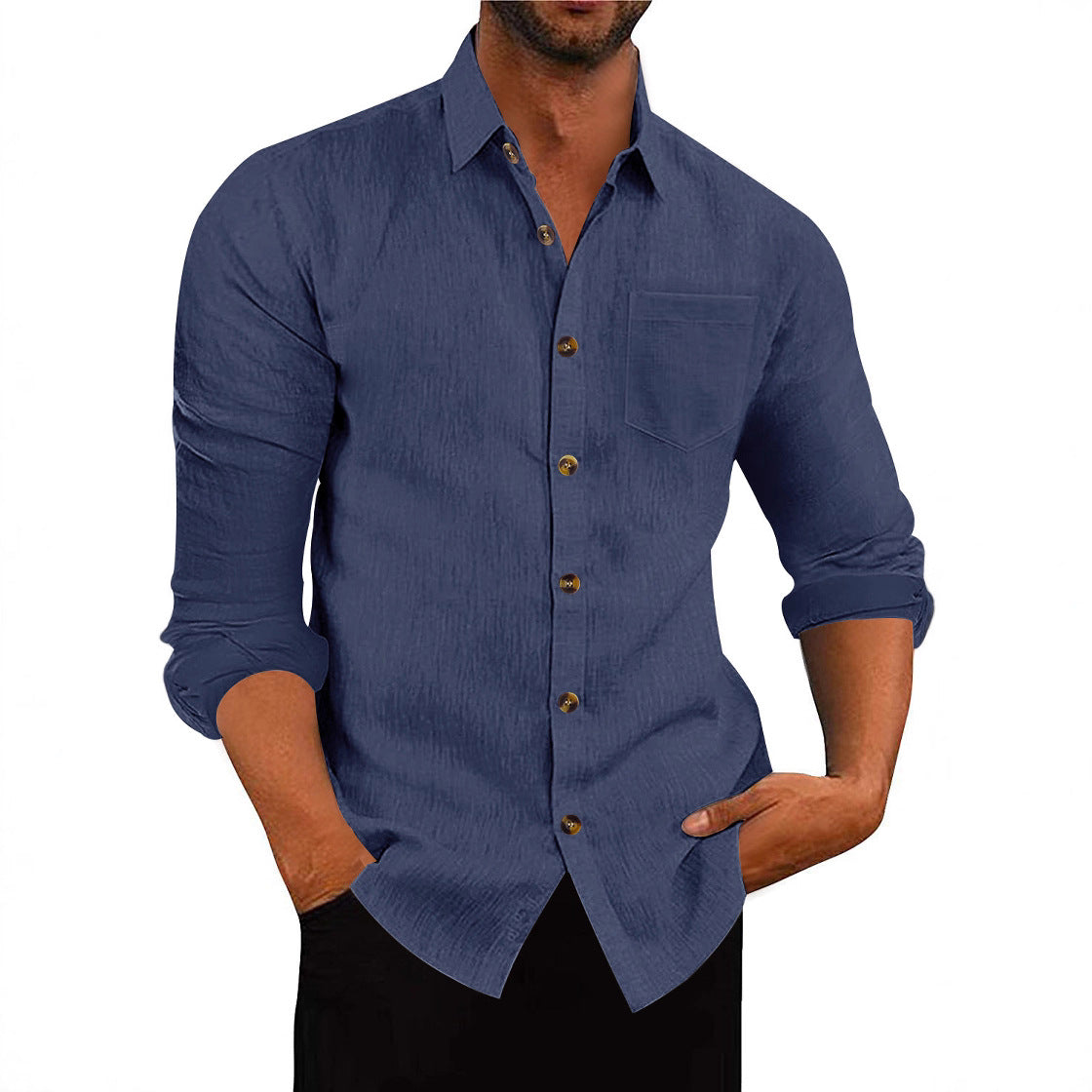 Chemise à manches longues et col polo en lin, ample et décontracté
