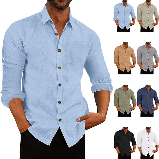 Chemise à manches longues et col polo en lin, ample et décontracté