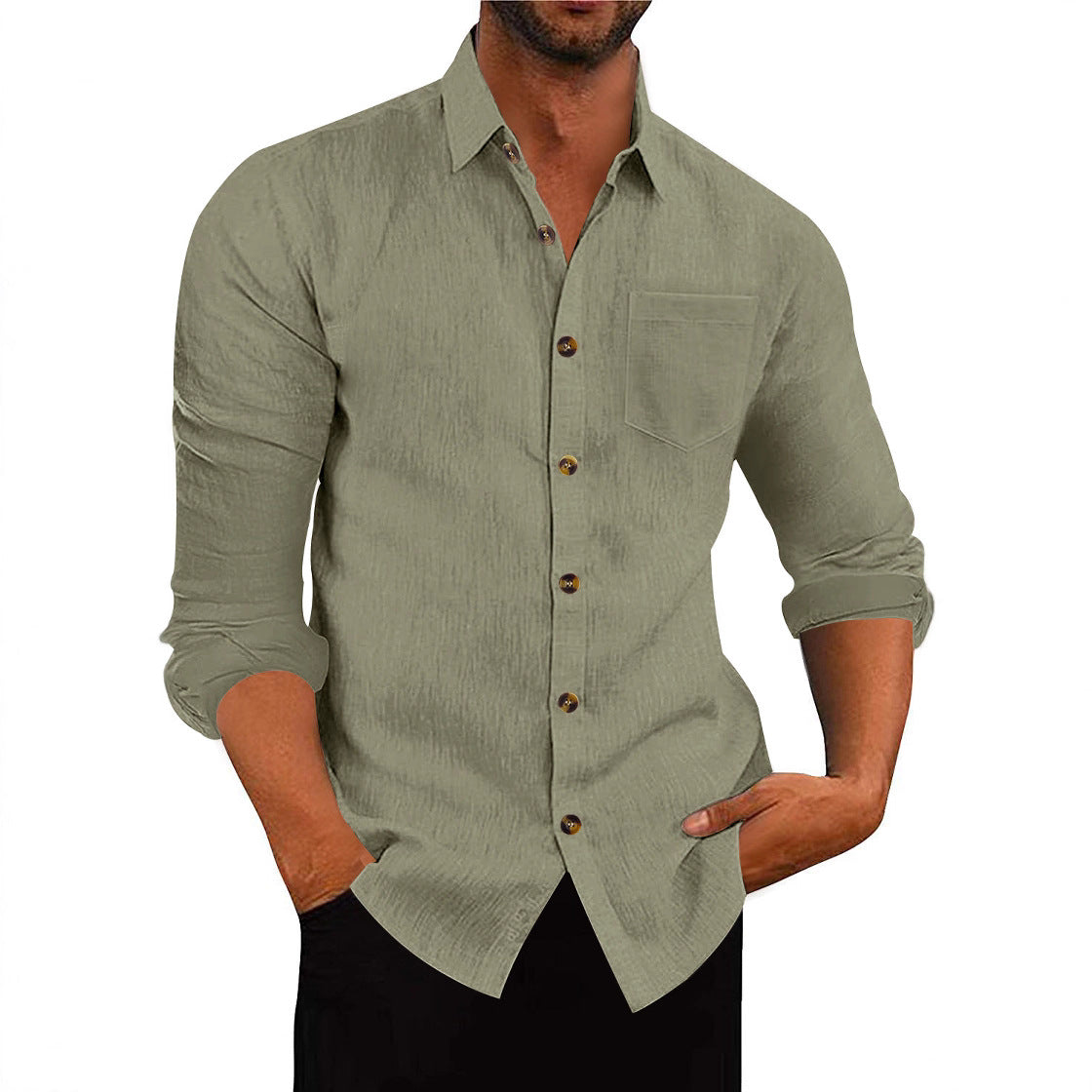 Chemise à manches longues et col polo en lin, ample et décontracté