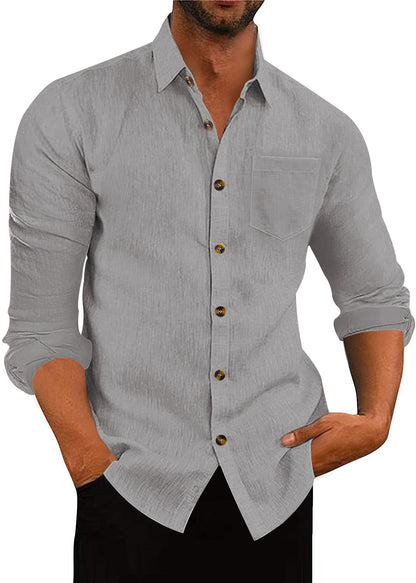 Chemise à manches longues et col polo en lin, ample et décontracté