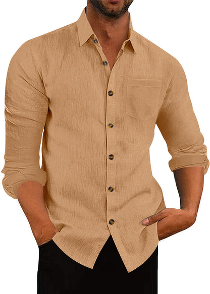 Chemise à manches longues et col polo en lin, ample et décontracté