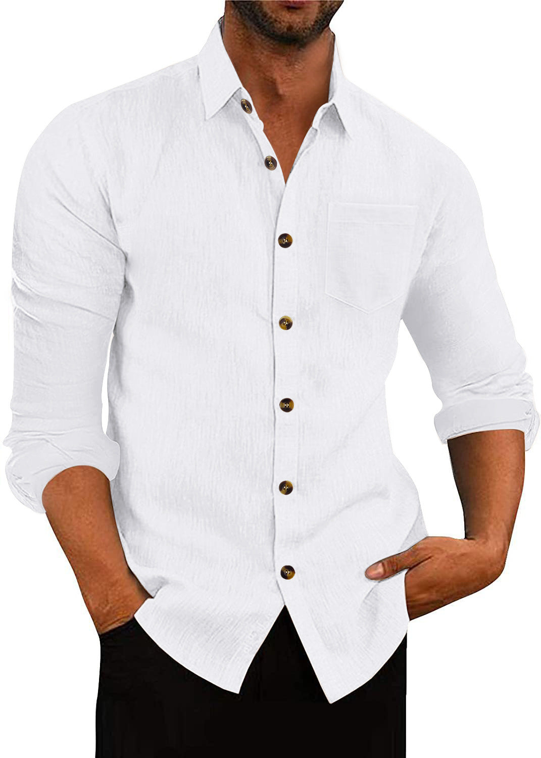 Chemise à manches longues et col polo en lin, ample et décontracté