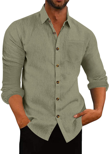 Chemise à manches longues et col polo en lin, ample et décontracté