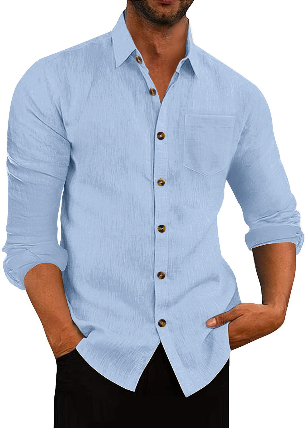 Chemise à manches longues et col polo en lin, ample et décontracté