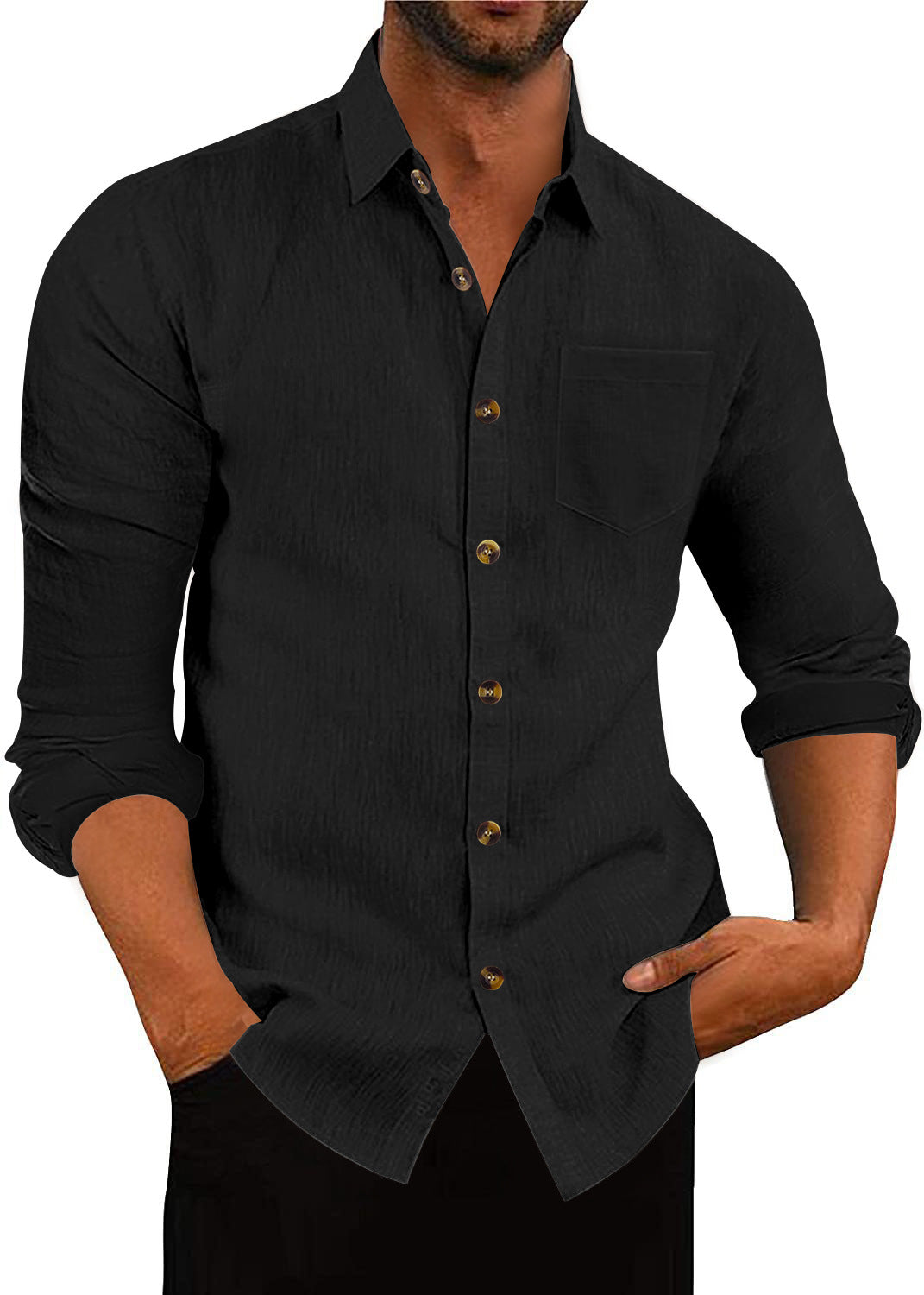 Chemise à manches longues et col polo en lin, ample et décontracté