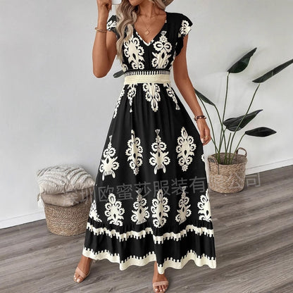 Robe trapèze ample à col en V et imprimé