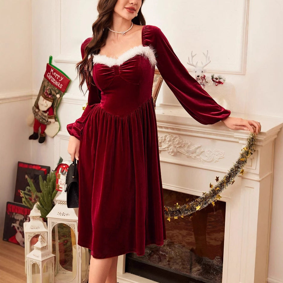 Robe de Noël vintage, manches longues, col carré, élégante et cintrée