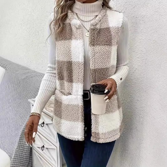 Veste décontracté à carreaux et poches en peluche
