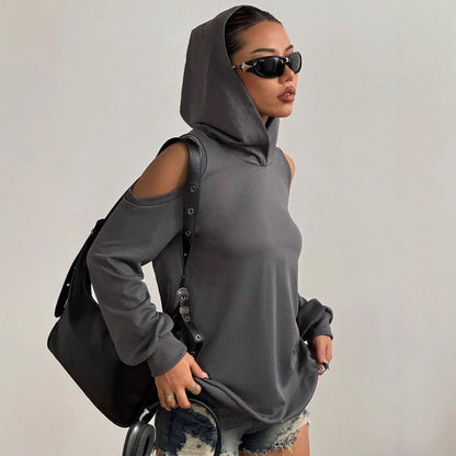Pull à capuche à épaules dénudées de couleur unie