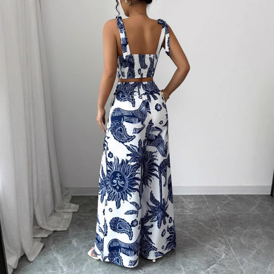 Ensemble à bretelles et col en V, pantalon ample