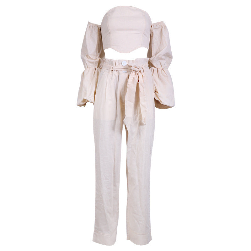 Ensemble pantalon en coton et lin, épaules dénudées