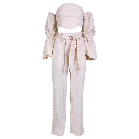 Ensemble pantalon en coton et lin, épaules dénudées