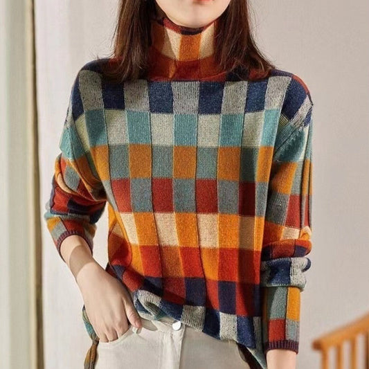 Pull à col roulé à carreaux colorés pour femme, coupe décontractée et flatteuse