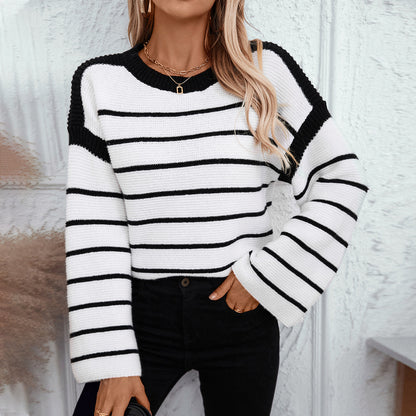 Pull-over rayé pour femme, manches longues, en maille