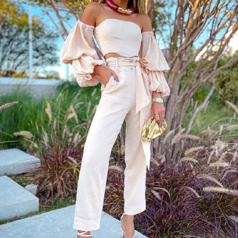 Ensemble pantalon en coton et lin, épaules dénudées