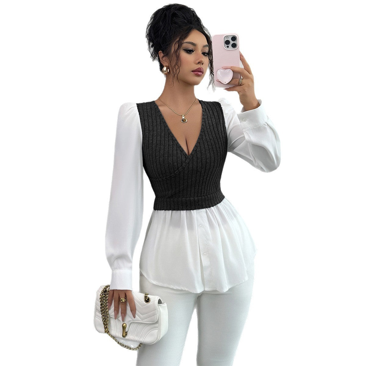 Chemise élégante à manches longues et coutures apparentes