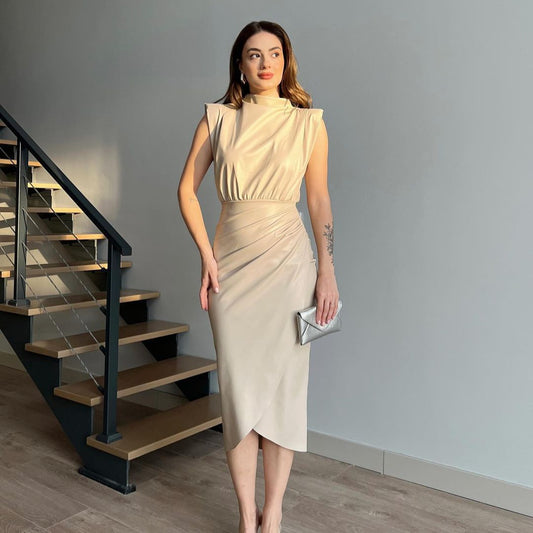 Robe moulante plissée taille haute, couleur unie
